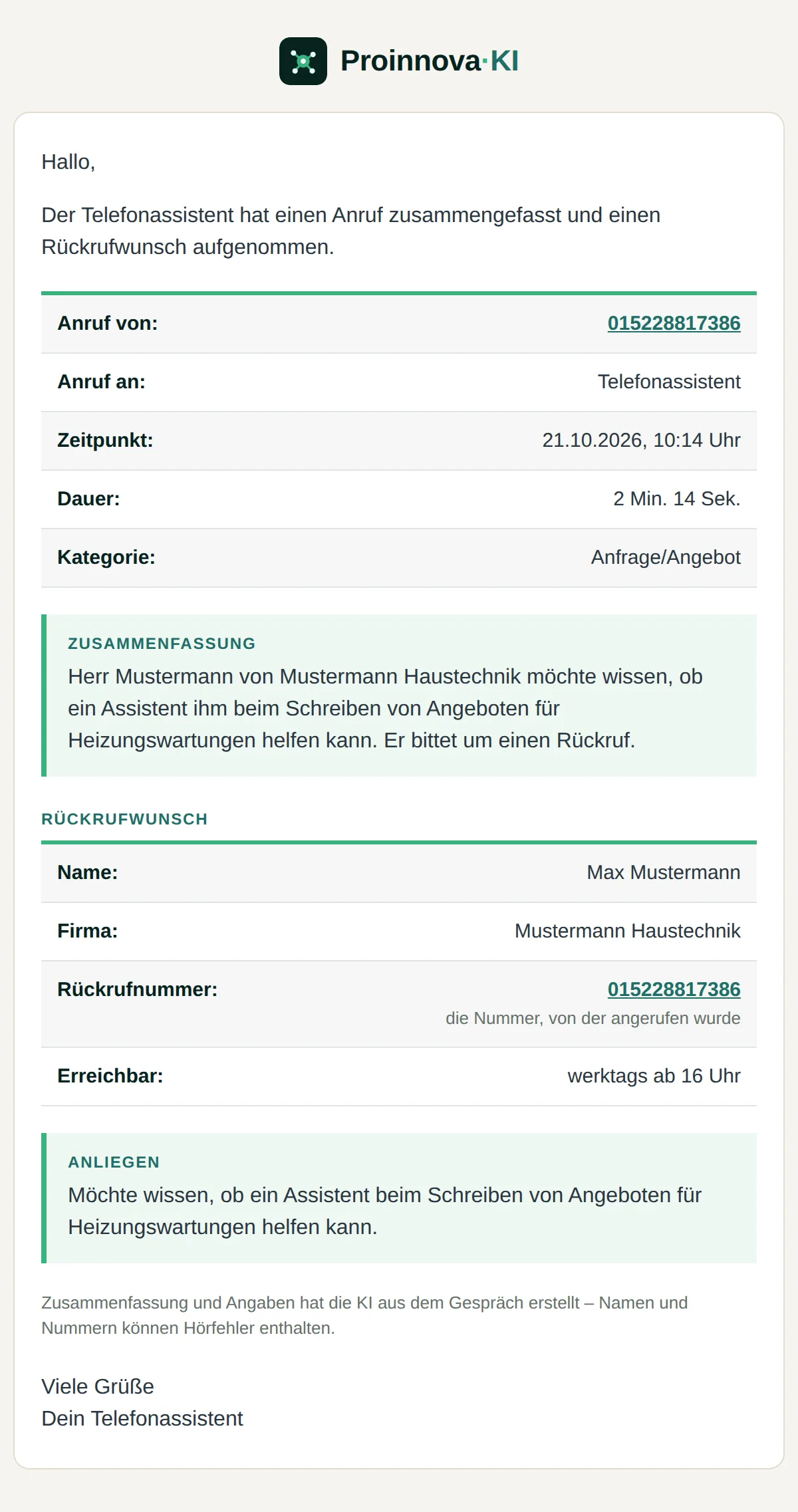 Beispiel-Mail nach einem Anruf: Anruf von, Zeitpunkt, Dauer und Kategorie, darunter eine Zusammenfassung des Gesprächs und der Rückrufwunsch mit Name, Firma, Rückrufnummer, Erreichbarkeit und Anliegen.